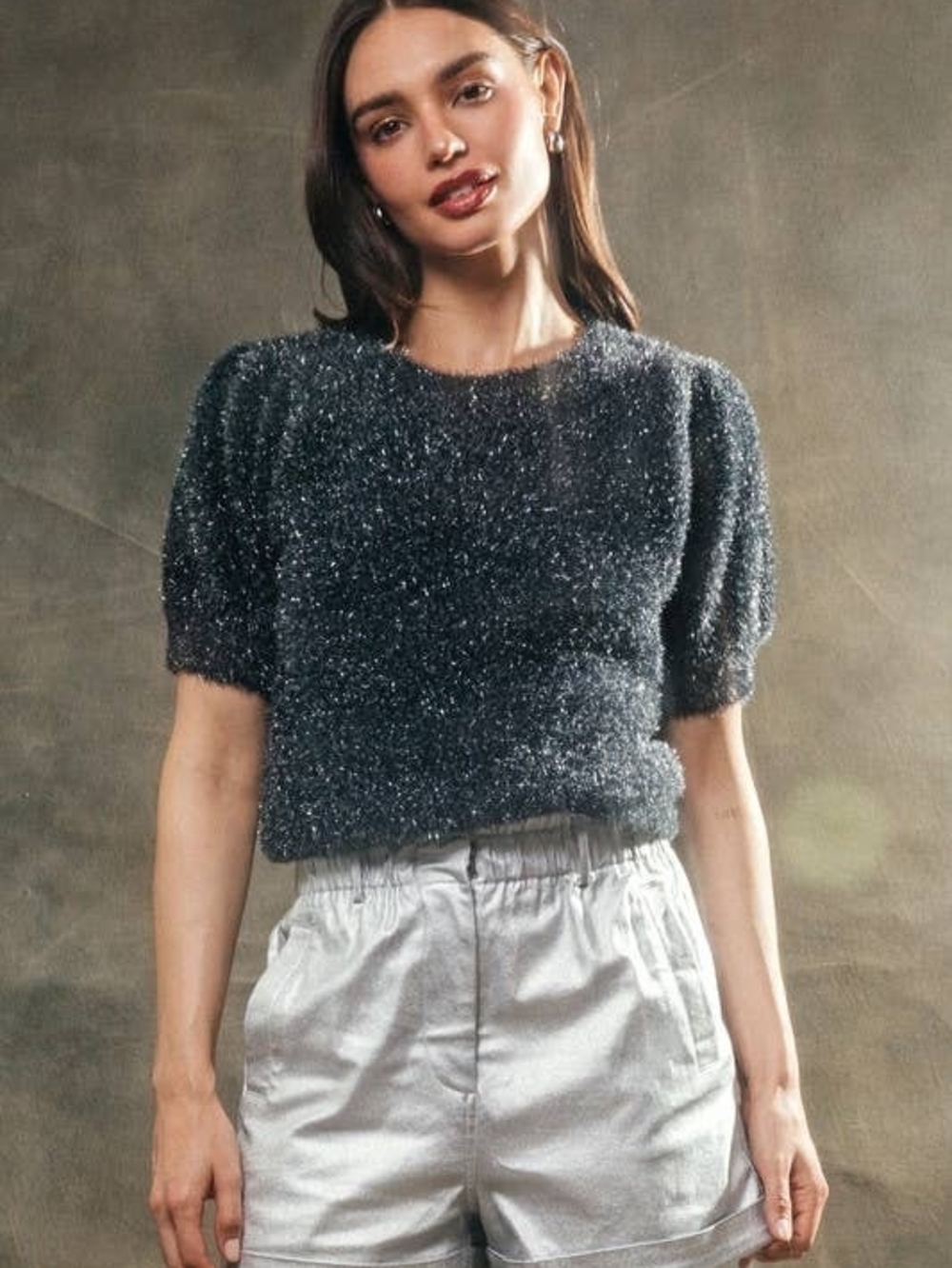 Sparkle Knit Puff-Sleeve Top in Charcoal